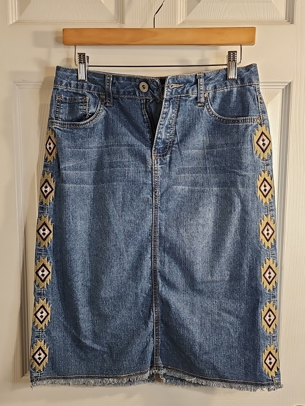 Baccini Blue Denim Midi Skirt with Aztec Side Embroidery